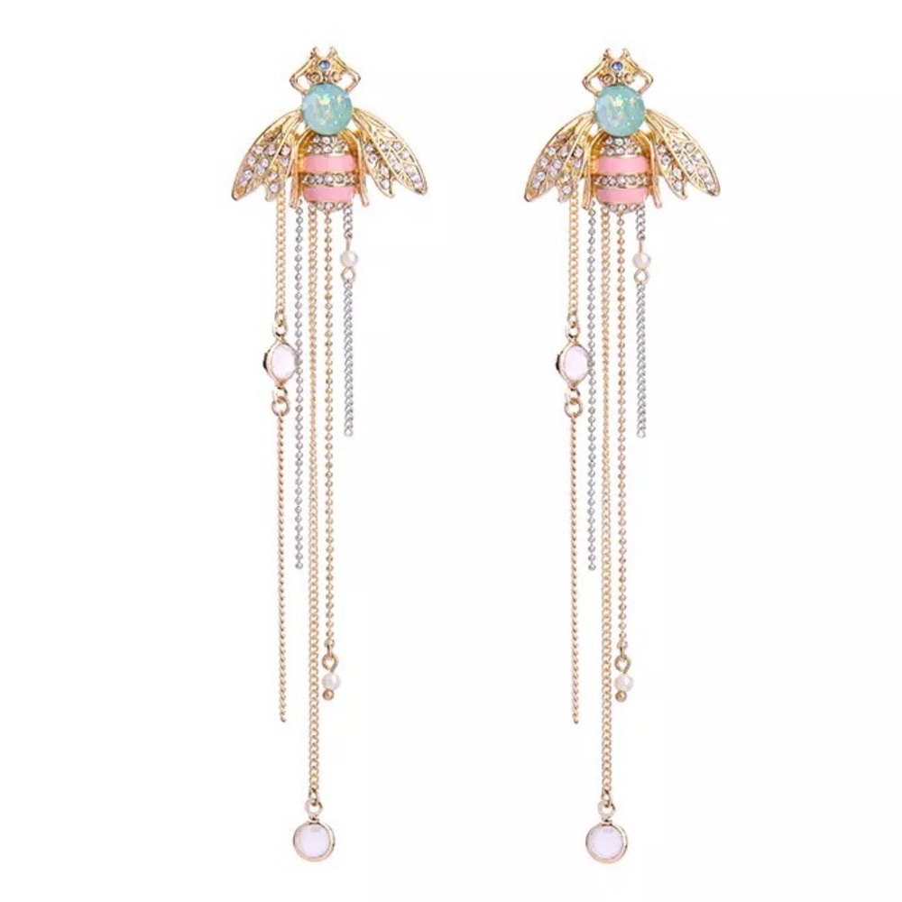 Bee dangle earrings bohemian wings boho insect bumblebee pink gold blue cottage
